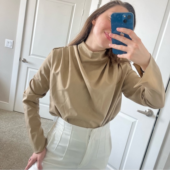 Zara Tops - ZARA Tan Neutral Ruffle Mock Neck Long Sleeve Pleated Too